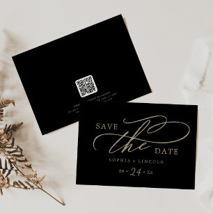 Romantic Gold Calligraphy Black QR Code Horizontal Save The Date