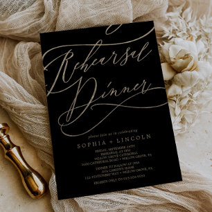 Romantic Gold Calligraphy   Black Rehearsal Dinner Invitation