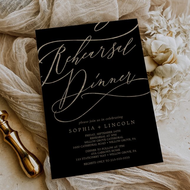 Romantic Gold Calligraphy | Black Rehearsal Dinner Invitation (Creator Uploaded)