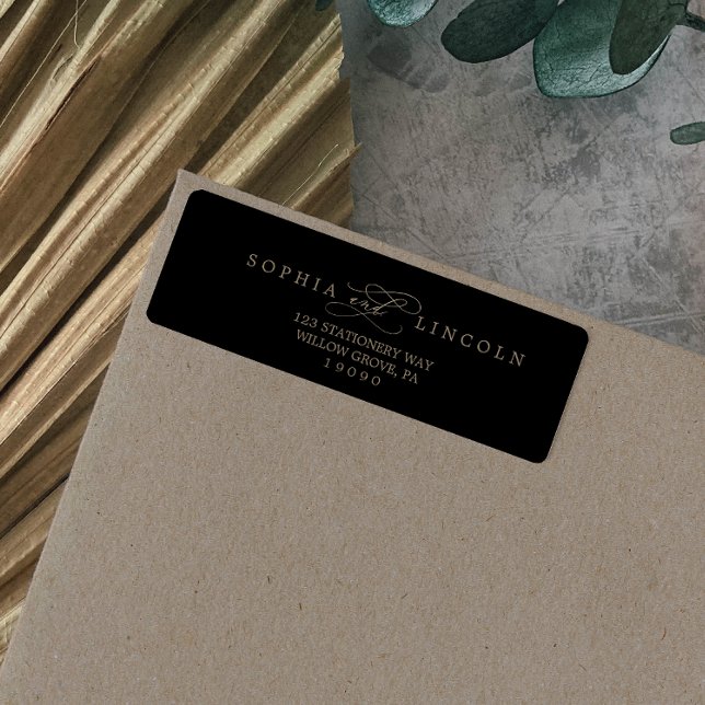 Romantic Gold Calligraphy Black Return Address Label (Creator Uploaded)