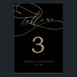 Romantic Gold Calligraphy | Black Table Number<br><div class="desc">This romantic gold calligraphy black table number is perfect for a simple wedding. The modern classic design features fancy swirls and whimsical flourishes with gorgeous elegant hand lettered faux champagne gold foil typography. The card prints on the front and back (double-sided). Add each table number that you need to your...</div>