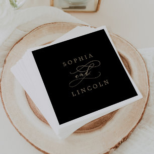 Romantic Gold Calligraphy Black Wedding Napkin