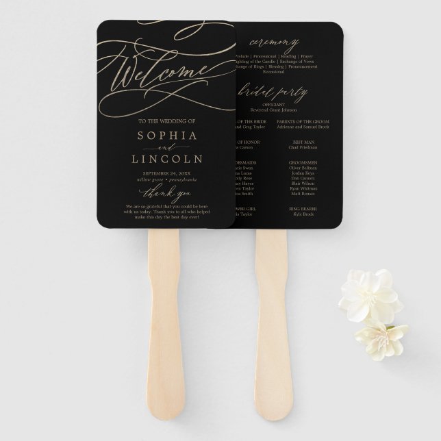 Romantic Gold Calligraphy | Black Wedding Program Hand Fan (Front and Back)