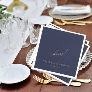 Romantic Gold Calligraphy "Cheers" Navy Blue  Napkin
