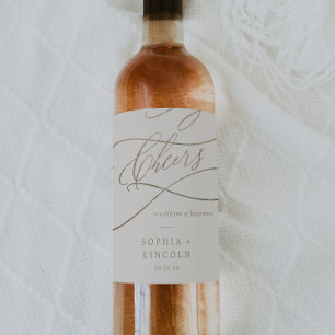 Romantic Gold Calligraphy Ivory Cheers Wedding Wine Label