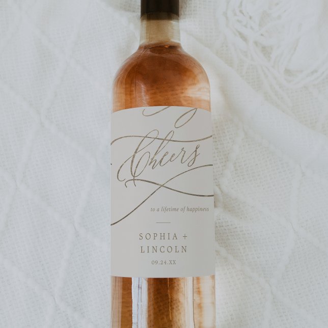 Romantic Gold Calligraphy | Ivory Cheers Wedding Wine Label (Creator Uploaded)
