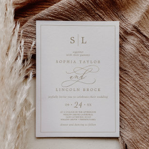 Romantic Gold Calligraphy   Ivory Monogram Wedding Invitation