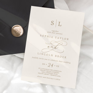 Romantic Gold Calligraphy Ivory Monogram Wedding Invitation