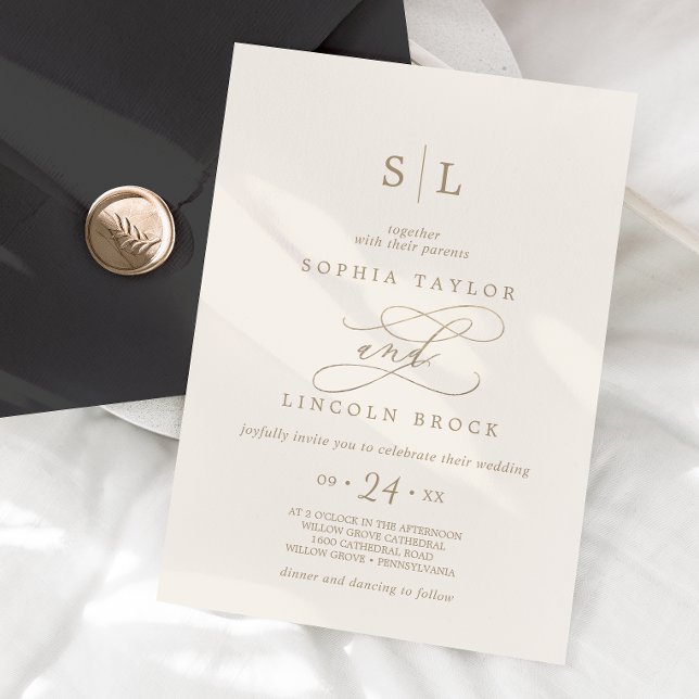 Romantic Gold Calligraphy | Ivory Monogram Wedding Invitation (Creator Uploaded)