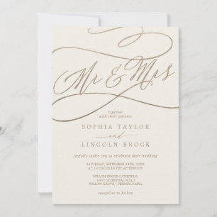 Romantic Gold Calligraphy   Ivory Mr & Mrs Wedding Invitation