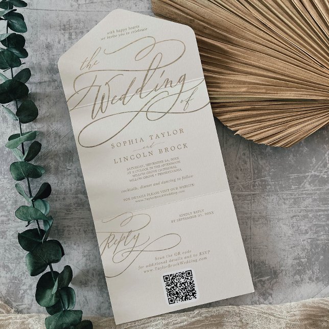 Romantic Gold Calligraphy | Ivory QR Code Wedding All In One Invitation (Creator Uploaded)