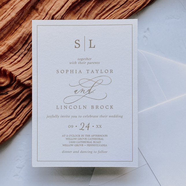 Romantic Gold Calligraphy Monogram Wedding Invitat Invitation (Creator Uploaded)