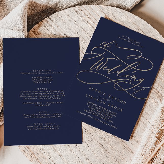 Romantic Gold Calligraphy Navy All In One Wedding Invitation (Creator Uploaded)