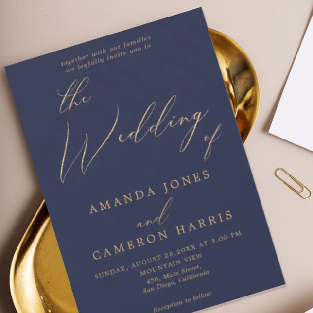 Romantic Gold Calligraphy Navy Blue Photo Wedding Invitation (Creator Uploaded)
