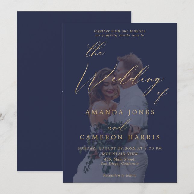Romantic Gold Calligraphy Navy Blue Photo Wedding Invitation (Front/Back)