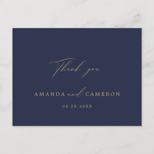 Romantic Gold Calligraphy Navy Blue Thank You Postcard