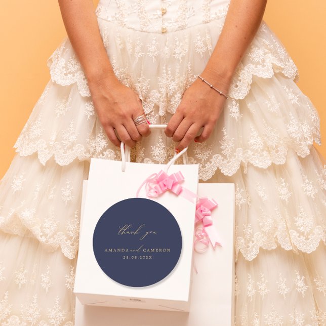 Romantic Gold Calligraphy Navy Blue Wedding Classic Round Sticker (Creator Uploaded)