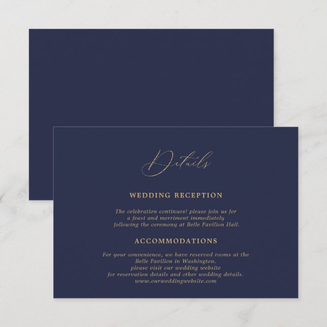 Romantic Gold Calligraphy Navy Blue Wedding Detail Enclosure Card (Front/Back)