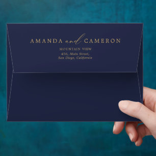 Romantic Gold Calligraphy Navy Blue Wedding  Envelope