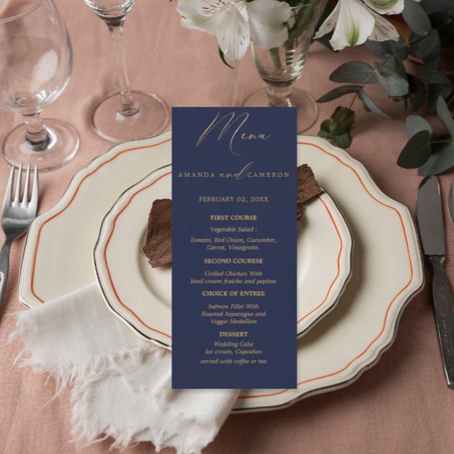 Romantic Gold Calligraphy Navy Blue Wedding Menu (Creator Uploaded)