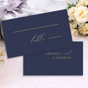 Romantic Gold Calligraphy Navy Blue Wedding  Place Card
