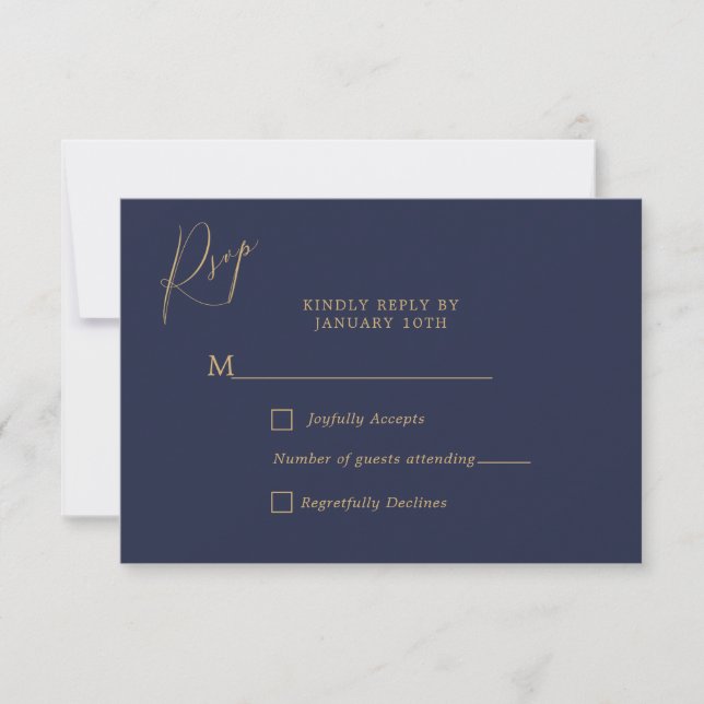 Romantic Gold Calligraphy Navy Blue Wedding  RSVP Card (Front)