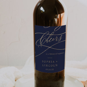 Romantic Gold Calligraphy   Navy Cheers Wedding Wine Label