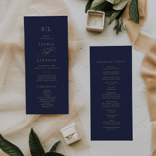 Romantic Gold Calligraphy   Navy Monogram Wedding Program