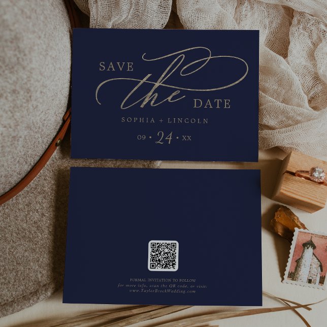 Romantic Gold Calligraphy Navy QR Code Horizontal Save The Date (Creator Uploaded)