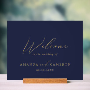 Romantic Gold Calligraphy Navy Wedding Welcome Acrylic Sign