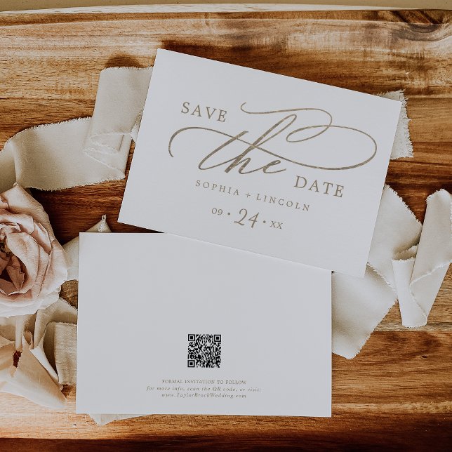 Romantic Gold Calligraphy QR Code Horizontal Save The Date (Creator Uploaded)