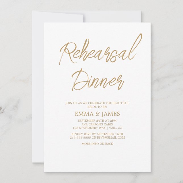 Romantic Gold Calligraphy Rehearsal Dinner  Invitation (Front)