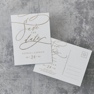 Romantic Gold Calligraphy Save the Date Postcard