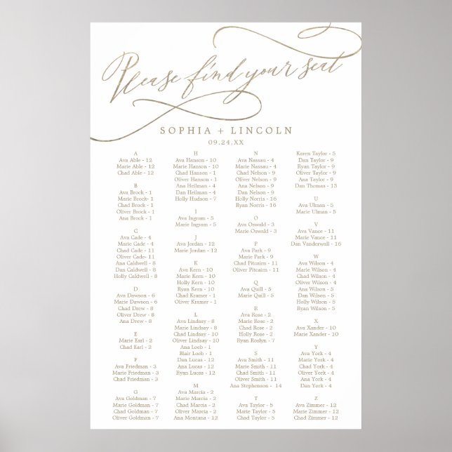 Romantic Gold Calligraphy Seating Chart (Front)
