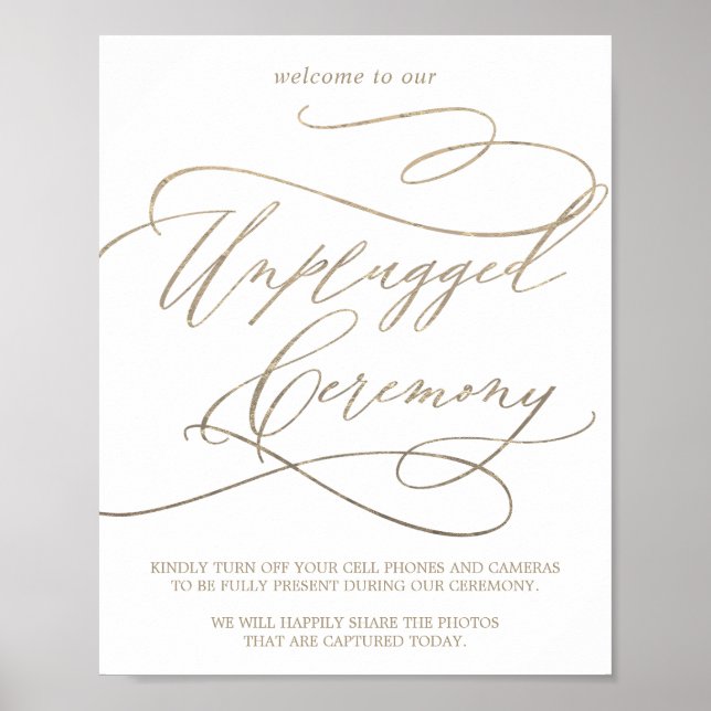 Romantic Gold Calligraphy Unplugged Ceremony Sign (Front)