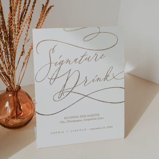 Romantic Gold Calligraphy Wedding Signature Drink Pedestal Sign (Creator Uploaded)