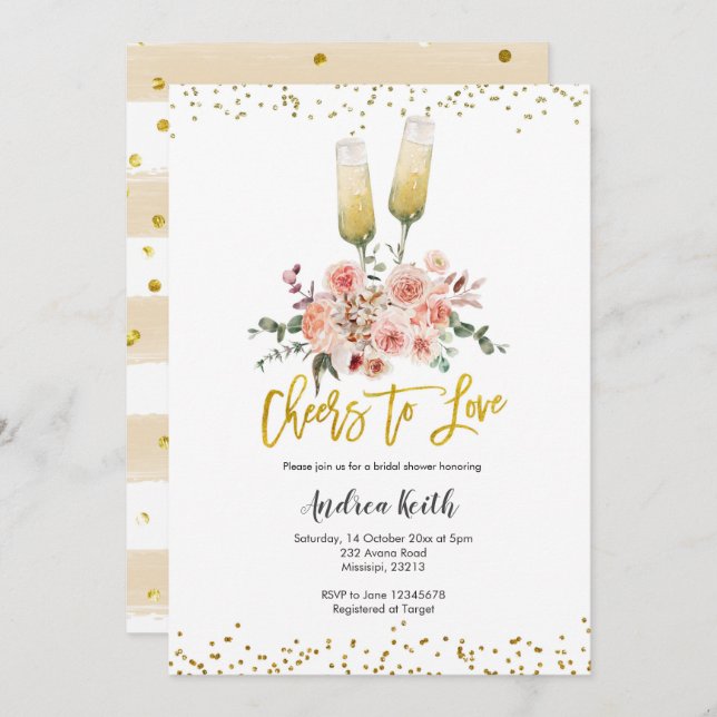 Romantic Gold Cheers to Love Bridal Shower Invitation (Front/Back)