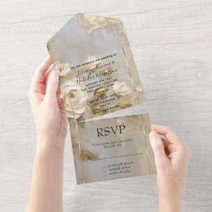Romantic Gold Cream White Roses All In One Invitation