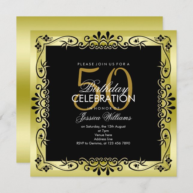 Romantic Gold Decorative Framed 50th Birthday Invitation (Front/Back)
