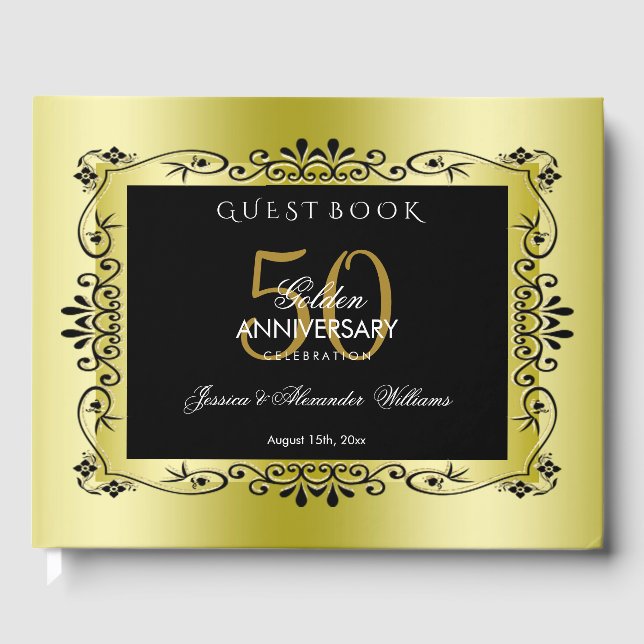 Romantic Gold Decorative Framed 50th Wedding Guest Book (Front)