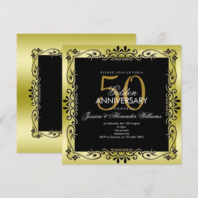 Romantic Gold Decorative Framed 50th Wedding Invitation (Front/Back)