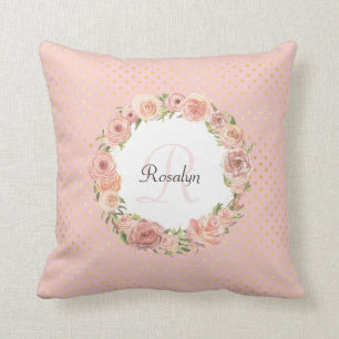 Romantic Gold Dotted Rose Floral Monogrammed Name Cushion