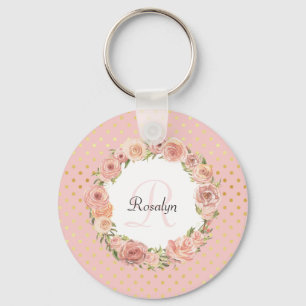 Romantic Gold Dotted Rose Floral Monogrammed Name Key Ring