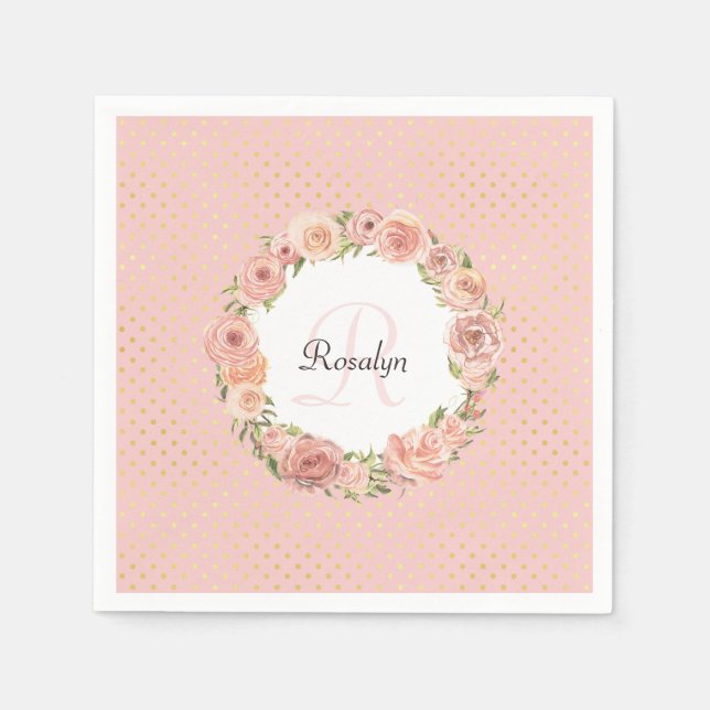 Romantic Gold Dotted Rose Floral Monogrammed Name Napkin (Front)