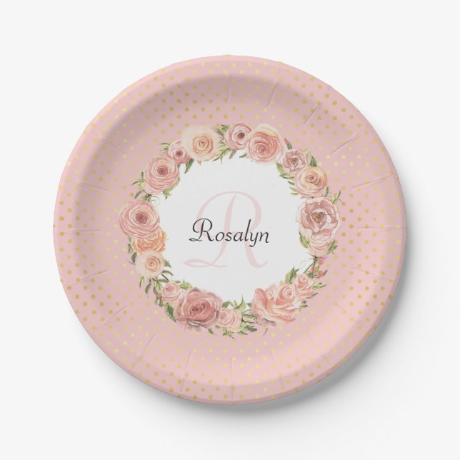 Romantic Gold Dotted Rose Floral Monogrammed Name Paper Plate (Front)