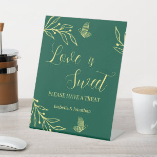Romantic gold floral emerald wedding treat table pedestal sign
