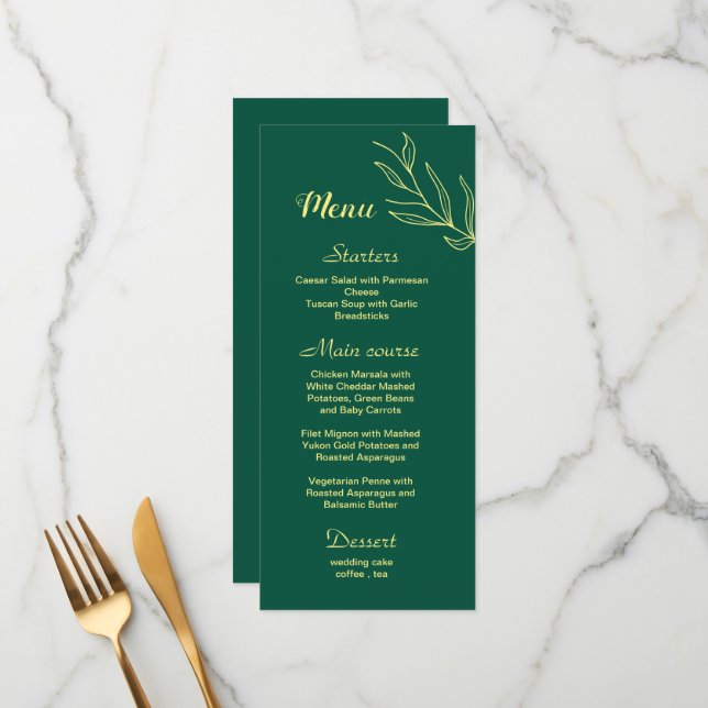 Romantic gold flower emerald green wedding menu (Front/Back In Situ)