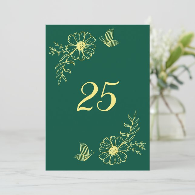 Romantic gold flower emerald table table number (Standing Front)
