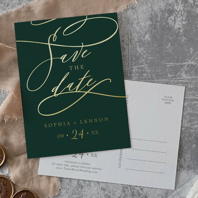 Romantic Gold Foil and Emerald Green Save the Date Foil Invitation Postcard (Creator Uploaded)