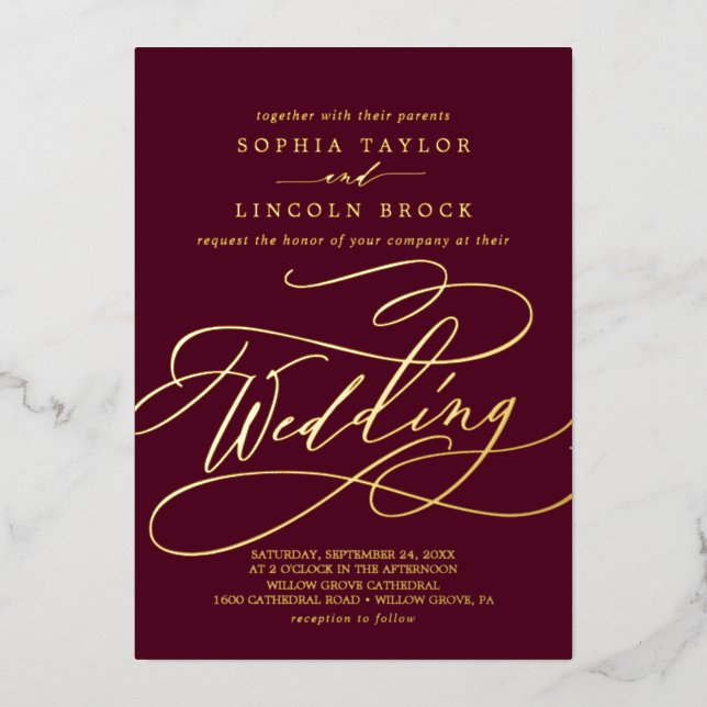 Romantic Gold Foil | Burgundy Flourish Wedding (Front)